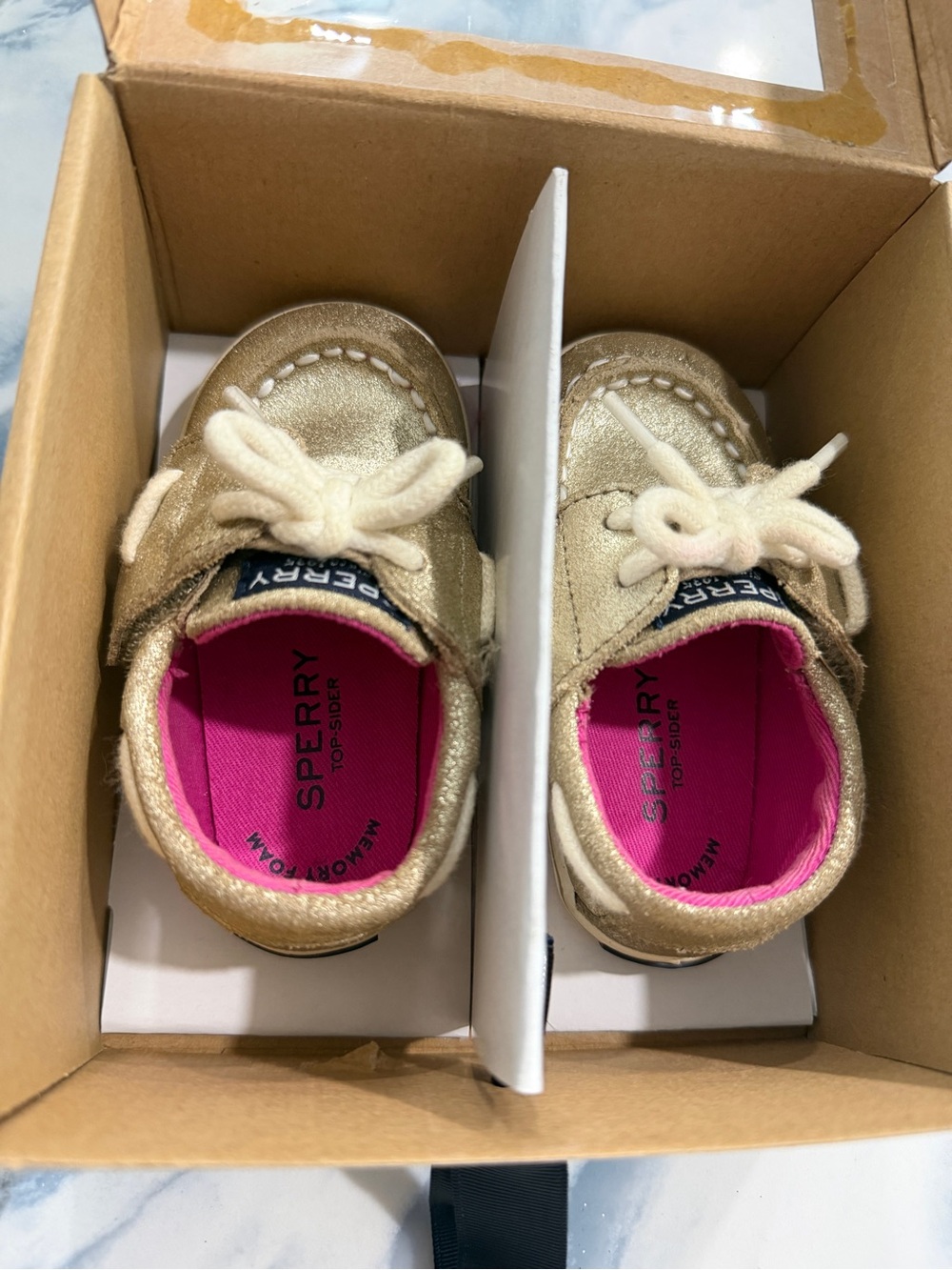 Sperry Metallic Gold  Moccasins with Bright Pink Insole baby girl size 3M